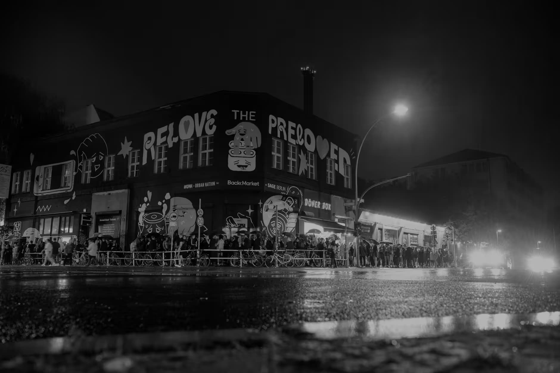The night-time queue outside a Berlin club — the line the Skip List walks past